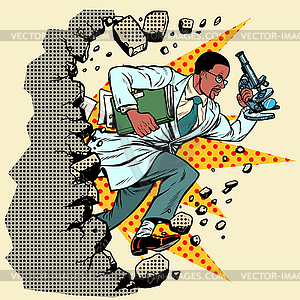 African scientist with microscope breaks wall, - vector image