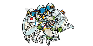 Three astronauts hugging - vector image