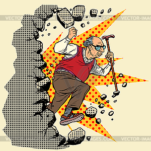 Active old man pensioner breaks wall of stereotypes - vector clip art