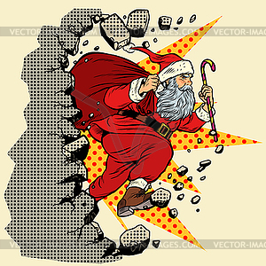 Santa Claus with Christmas gifts breaks wall - color vector clipart