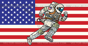 American astronaut patriot runs forward. USA flag - vector clipart