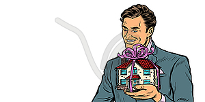 Businessman selling real estate, house as gift - vector clipart