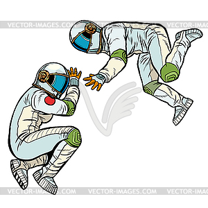 Two astronauts in zero gravity - vector clipart