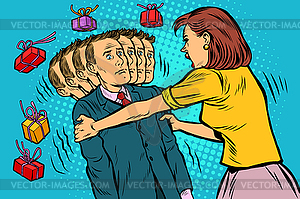 Gift requirement wife shakes her husband. Women - vector clipart