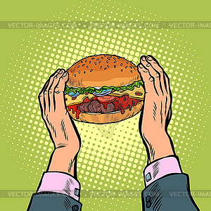 Hands holding Burger. fast food restaurant - vector image
