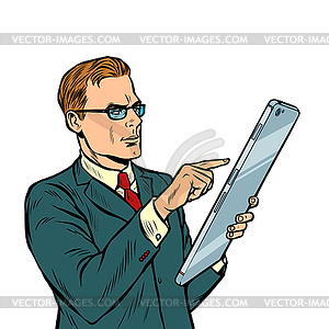 Businessman and smartphone with big screen isolate - color vector clipart