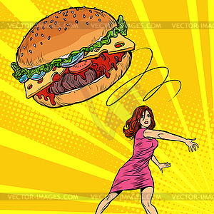 Женщина бросает бургер, фаст-фуд. Диета и здоровый - векторизованное изображение