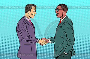 Африканские и кавказские бизнесмены мужчины рукопожатие - векторное изображение