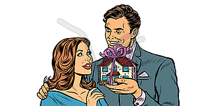 Husband and wife. House as gift isolate - vector clipart