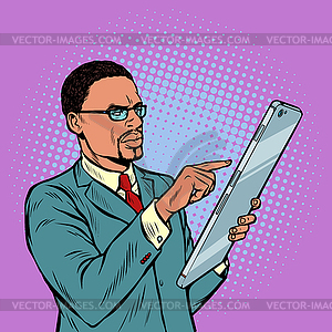 African businessman and smartphone with big screen - vector image