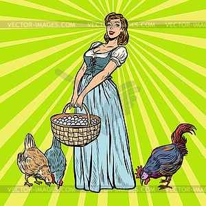 Village woman on farm with chicken and eggs - vector image