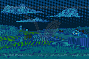 Rural landscape night view, houses light in window - vector image