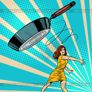 Woman throws frying pan - vector clipart