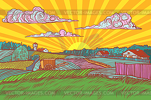 Pop art rural landscape sun sunrise morning - vector image