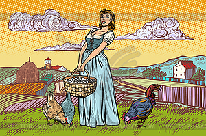 Rural woman with chicken eggs. Farm landscape - vector image