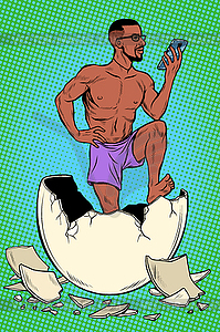 Newborn male in his underwear reads gadget. eggshell - vector image