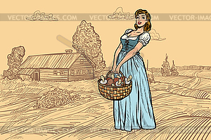 Village woman with basket of mushrooms. engraving - vector image