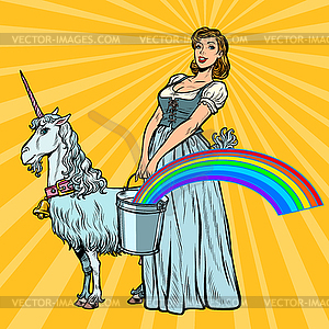 Unicorn rainbow woman with bucket - vector clipart