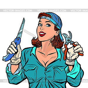 Woman gardener in garden with cutter and saw - vector EPS clipart