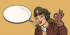 Okay gesture. girl woman retro Aviator pilot - vector image