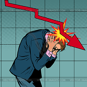 Businessman panic, fall of shares and income, red - vector image