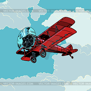 Retro biplane plane flying in clouds - vector image