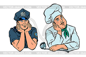 Dreaming man, policeman and cook set - vector image