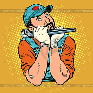 Plumber with wrench dreamer thinks - vector image
