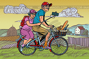 Old man and old lady travelers on bike, selfie on - vector clipart