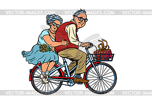 Old man and woman couple in love, riding bike - vector clip art
