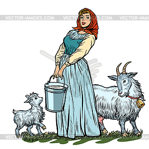 Village woman with bucket of milk goats isolate - vector image