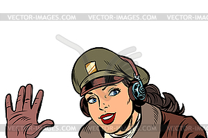 Девушка женщина ретро Авиатор пилот приветственный жест - рисунок в векторе