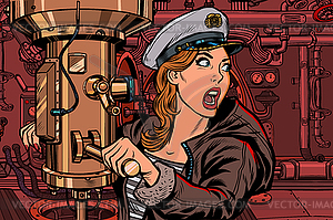 Submarine woman captain, battle alert - vector image