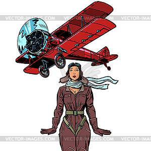 Woman pilot of vintage biplane airplane. isolate - vector image