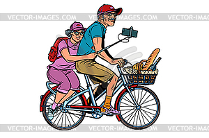 Old man and old lady travelers on bike, selfie on - vector image