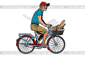 Old man on bike with shopping food - royalty-free vector image