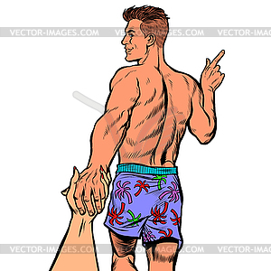 Follow me. weekend on beach concept, couple - vector image