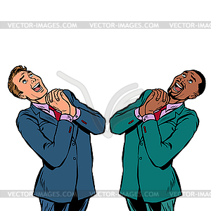 Happy two businessman African and Caucasian, - vector clipart