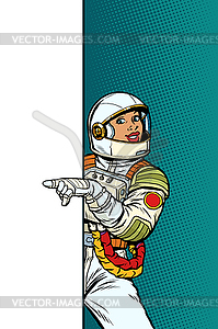 African Girl woman astronaut. Point to copy space - vector image