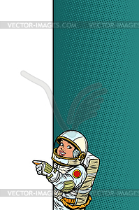 Girl daughter child astronaut. Point to copy space - vector clipart