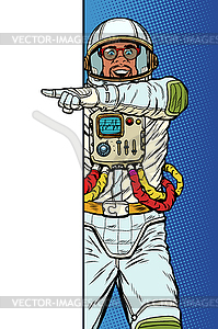 African man astronaut. Point to copy space poster - vector image