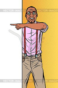 African hipster man. Point to copy space poster - vector EPS clipart