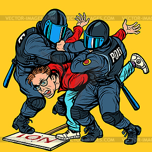 Police detain protester, violence against opposition - vector image