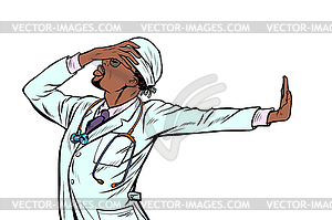 Doctor man medicine. shame denial gesture no - vector clip art