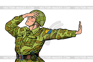 Caucasian soldier in uniform shame denial gesture - vector clipart