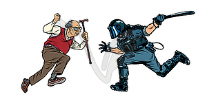 Pensioners against police. riot police with baton - vector image