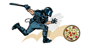 Italian pizza. riot police with baton - vector clipart