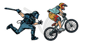 Extreme sports cyclist. riot police with baton - vector clip art