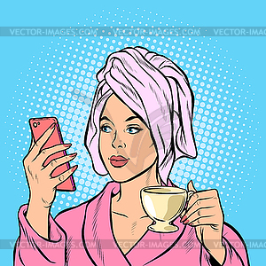 Woman morning bathroom coffee smartphone - vector clipart