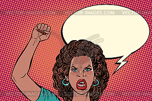 Angry protester African woman, rally resistance - vector clipart